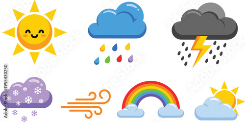 Weather icons illustration set with sun clouds rain thunder snow rainbow wind and seasonal climate elements in cartoon style
