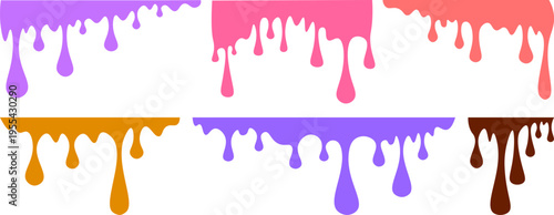 Colorful dripping liquid paint borders set on white background, collection of melting drips