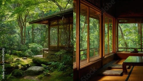 Serene Japanese Tea House Nestled in Lush Greenery - A Tranquil Escape.