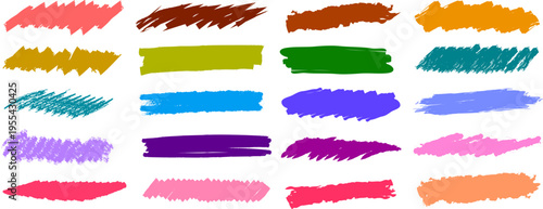Colorful hand drawn brush strokes, artistic paint smear and highlighter mark set