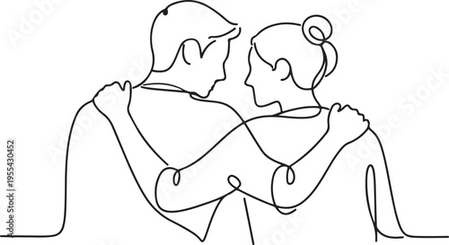 A minimalist line drawing depicts a couple embracing in a tender and loving moment