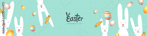 Happy easter banner background with typography Cute hand drawn easter eggs bunny, fun easter decoration. Horizontal poster, greeting card, header for website.