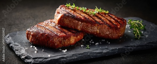 Delicious Grilled Steaks on Slate with Herbs and Salt.