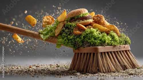 Action Shot of a Wooden Push Broom Sweeping Away Flying Junk Food Burger and Fries