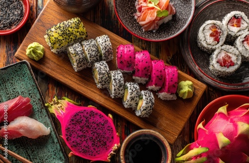 Exotic sushi platter with dragon fruit and tuna.