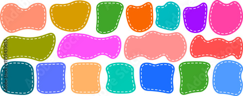 Colorful organic shape set, vector blank abstract blobs with white dashed stitch lines