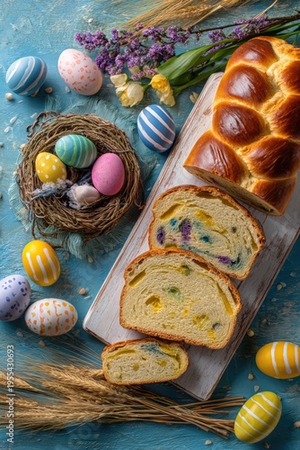Festive Easter Bread with Colorful Eggs and Spring Flowers.