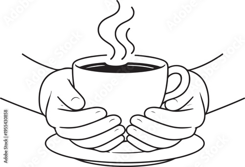 A simple black and white illustration of hands gently holding a steaming cup of coffee