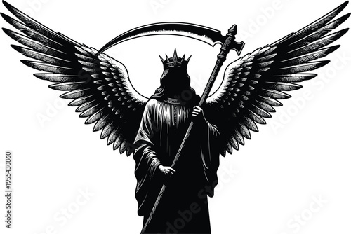 Dark angel of death silhouette with wings holding scythe isolated on white background grim reaper fantasy gothic symbol of mortality mystery illustration