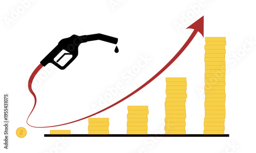 Fuel nozzle forming an upward trend line with stacked coins, symbolizing rising oil prices and energy costs.