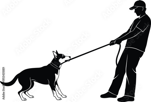 Man walking dog silhouette, pet training and control concept, leash pulling behavior, animal care, outdoor activity isolated on white background