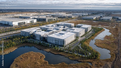 Aerial View of a Large Industrial Complex Near Waterways.