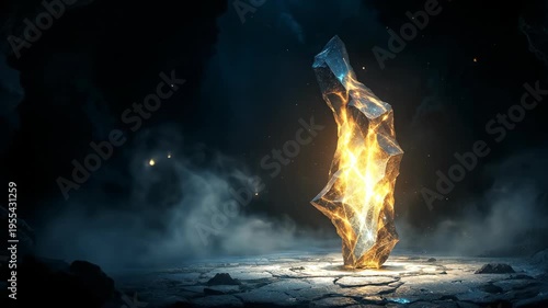 A glowing crystal emerges from a rocky cave, creating a mystical atmosphere.