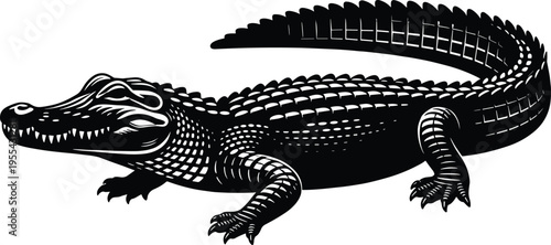 Detailed crocodile silhouette illustration in bold black, fierce alligator reptile design isolated on white background for wildlife logo, tattoo and mascot branding