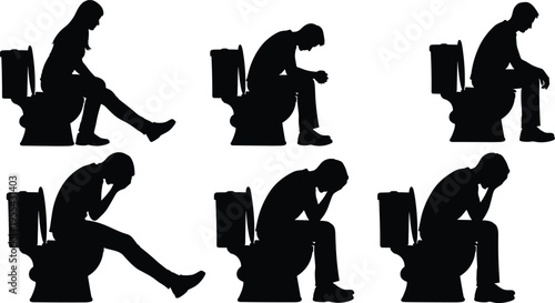 People sitting on toilet silhouettes set man woman bathroom hygiene vector illustration isolated restroom concept daily life human poses