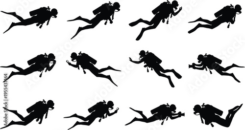 Scuba diver silhouettes collection underwater exploration with different poses isolated on white background marine sport vector illustration for diving concept