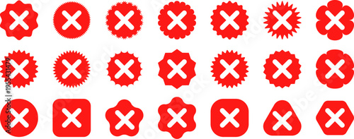Red cross mark collection, vector icons of white X inside various shapes, rejection and error signs