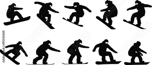 Snowboarder, snowboarding, silhouette, winter, sport, extreme, athlete, jump, trick, freestyle, movement, action, snow, adventure, black, isolated, figures, set, illustration, collection