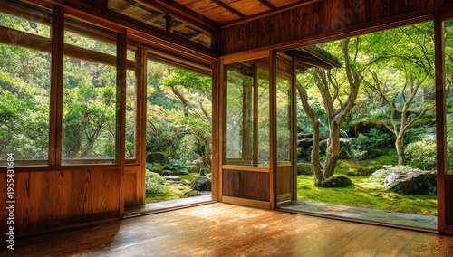Serene Japanese Room Overlooking Lush Garden with Wooden Architecture.