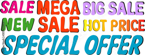 Set of colorful comic sale text stickers, mega big sale hot price special offer banner