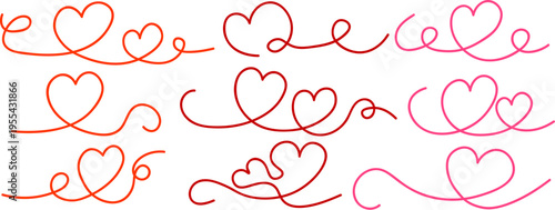 Set of colorful hand drawn heart swirls and romantic dividers, heart doodles