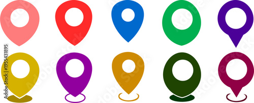 Set of colorful location map pins in various shades, pointer navigation icons