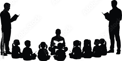 teacher reading to children silhouettes, classroom learning concept, students sitting listening, education activity, school lesson, isolated black silhouettes illustration pack