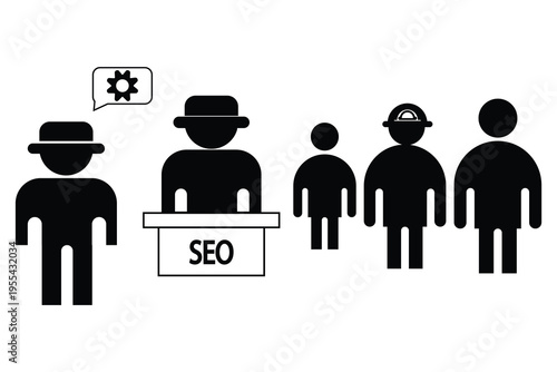 Simple vector icon set of business people in a meeting with group silhouettes and symbols representing teamwork and communication