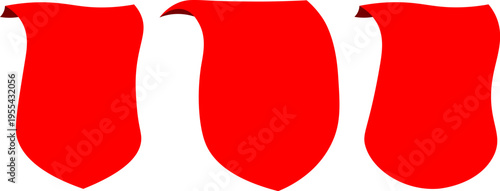 Set of three blank red shield ribbon banners with folded top edges, template for discount promotion or sale labels