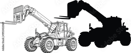 telehandler, forklift, loader, construction, machinery, equipment, lifting, industrial, vehicle, agriculture, handler, boom, transport, heavy, machine, isolated, vector, illustration, black, white