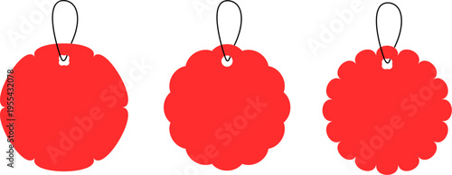 Set of three red circle scalloped price tags with black hanging strings, round decorative labels for product sales