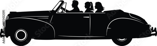 Vintage convertible car with passengers silhouette, classic retro automobile road trip travel scene, black vehicle illustration isolated