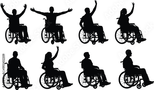 Wheelchair people silhouettes disabled man and woman raising hands disability support accessibility mobility black silhouette collection isolated background