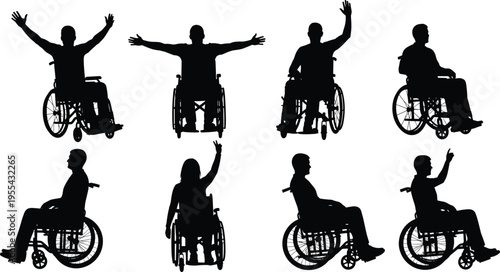 Wheelchair user silhouettes disabled people mobility disability accessibility independence healthcare support black silhouette collection isolated background