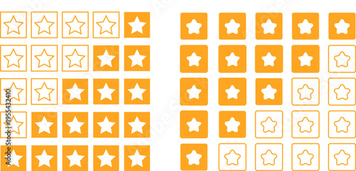 Yellow star rating sticker collection, vector sets of 1 to 5 customer feedback stars with boxes, outline style