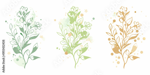 Delicate floral arrangements with watercolor splashes in varying hues