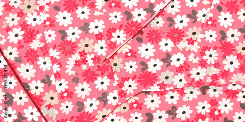Close up of a vibrant pink fabric covered in small floral patterns