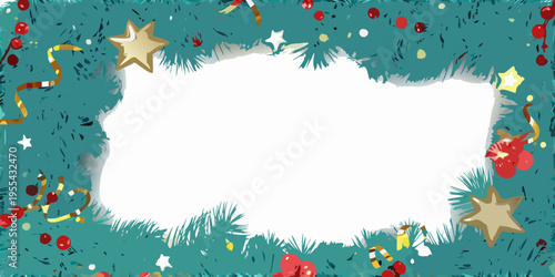 Festive christmas border with pine needles stars and red berries
