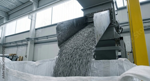 Bulk bag filling station pouring grey polymer pellets from an industrial hopper discharge chute