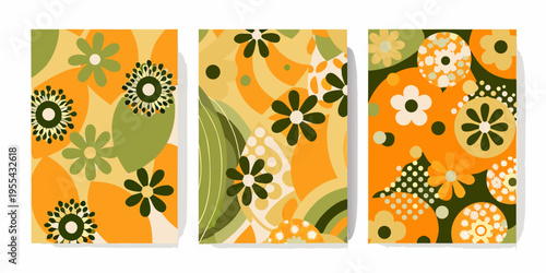 A vibrant triptych of retro floral and geometric patterned panels