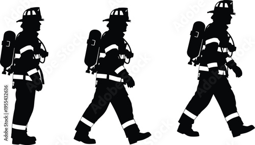 firefighter silhouettes walking set, fire rescue team, emergency service workers, safety uniform, brave heroes concept, isolated black silhouettes illustration pack