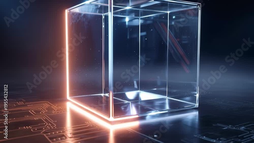 A glowing cube floats in a dark, sleek space, illuminated by bright neon lights. The colors dance around it, creating a mesmerizing display of light and shadow.