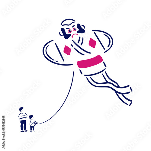 凧揚げをする大人と子供のイラスト素材
