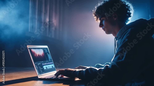 A person sits in a shadowy space with a laptop, visibly feeling the weight of creativity. The soft light and mist create an intense atmosphere of artistic determination and reflection.