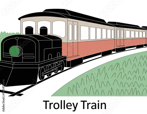 A vintage style trolley train traveling on tracks through a green meadow during the daytime hours Vector