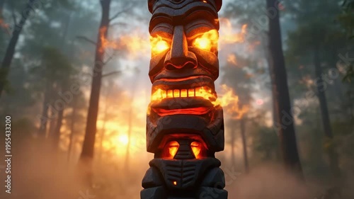 A mystical tiki statue surrounded by a glowing forest atmosphere.