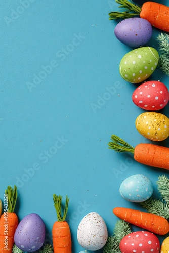 Festive Easter eggs and carrots on a blue background.