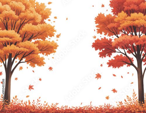Two lush deciduous trees with vibrant orange and red foliage during the colorful autumn season Vector