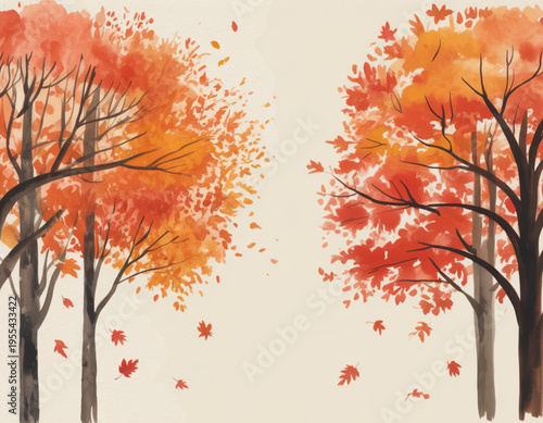 Watercolor illustration of vibrant autumn trees with falling leaves in a seasonal forest scene Vector