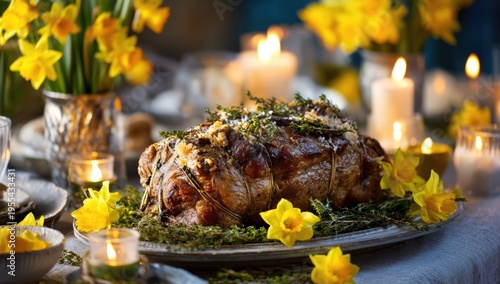 Festive Easter Lamb Roast Dinner with Daffodils and Candles.